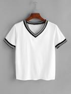Romwe White Contrast Striped Trim V Neck T-shirt