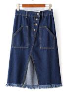 Romwe Dark Blue Button Cutout Front Raw-edge Hem Skirt