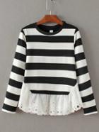 Romwe Black And White Striped  Lace Hem T-shirt