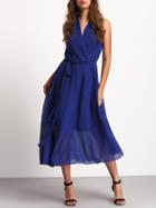 Romwe Blue Deep V Neck Sleeveless Tie Waist Dress