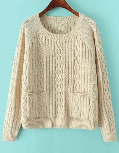 Romwe Cable Knit Pockets White Sweater