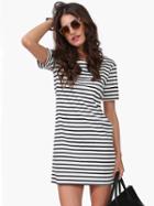 Romwe Black White Striped Short Sleeve Straight Dress