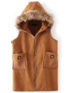 Romwe Khaki Button Detail Hooded Vest With Pocket