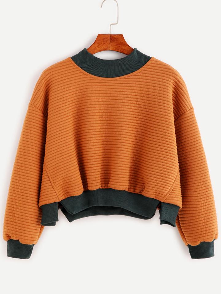 Romwe Khaki Contrast Trim Mock Neck Striped Texture Sweatshirt