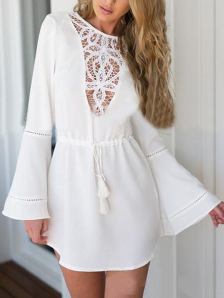 Romwe Bell Sleeve Lace Insert Hollow Dress