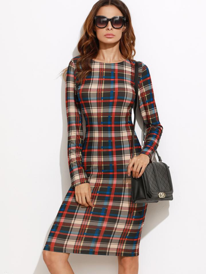 Romwe Multicolor Plaid Pencil Dress