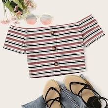 Romwe Button Front Rib-knit Striped Bardot Crop Tee