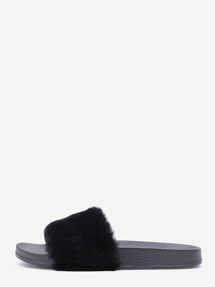 Romwe Black Rabbit Hair Soft Sole Flat Slippers