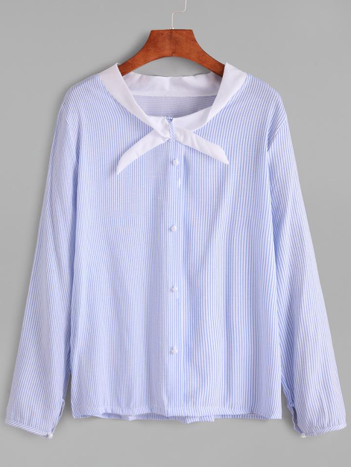 Romwe Blue Vertical Striped Contrast Collar Button Blouse