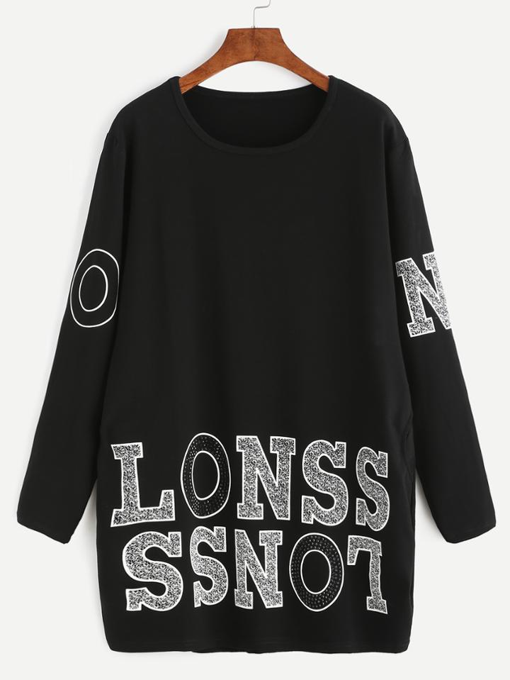 Romwe Black Glitter Letter Long Sleeve Pocket Sweatshirt Dress