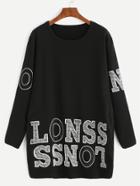 Romwe Black Glitter Letter Long Sleeve Pocket Sweatshirt Dress