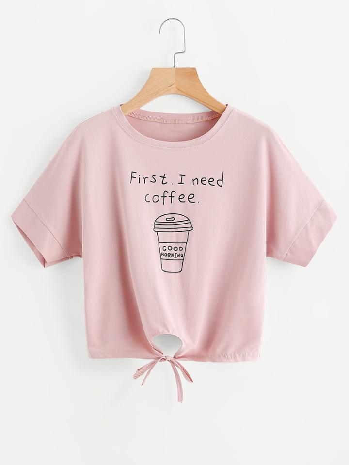 Romwe Graphic Print Self Tie Front Tee