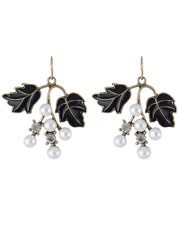 Romwe Black Color Pearl Leaf Shape Earrings