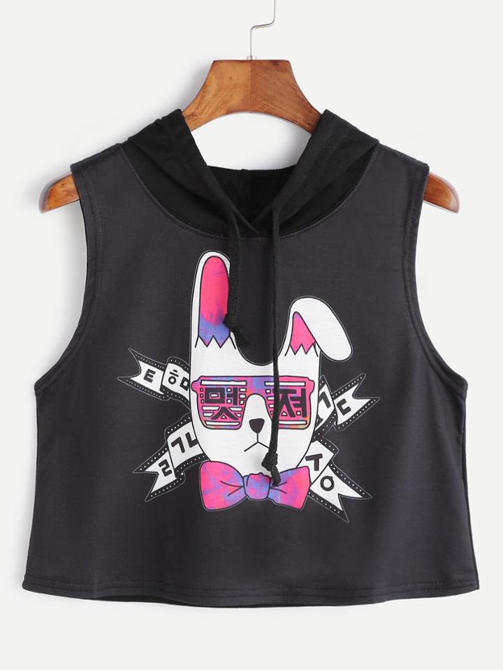 Romwe Black Hooded Cartoon Print Crop Tank Top