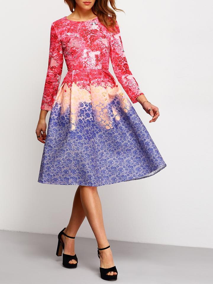 Romwe Long Sleeve Florals Flare Dress