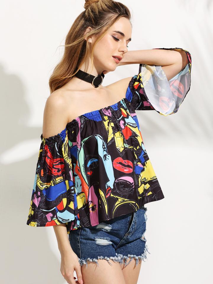 Romwe Black Painting Print Off The Shoulder Blouse