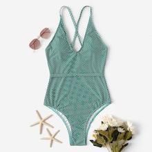 Romwe Polka Dot Criss Cross One Piece Swimwear