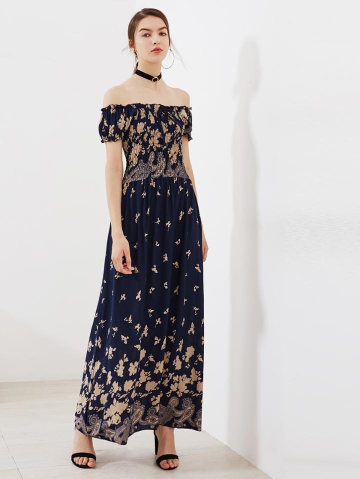 Romwe Shirred Bardot Frill Trim Allover Florals Dress