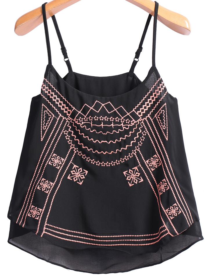 Romwe Spaghetti Strap Embroidered Chiffon Black Vest