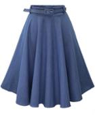 Romwe Blue Denim Flared Mid Skirt With Belt