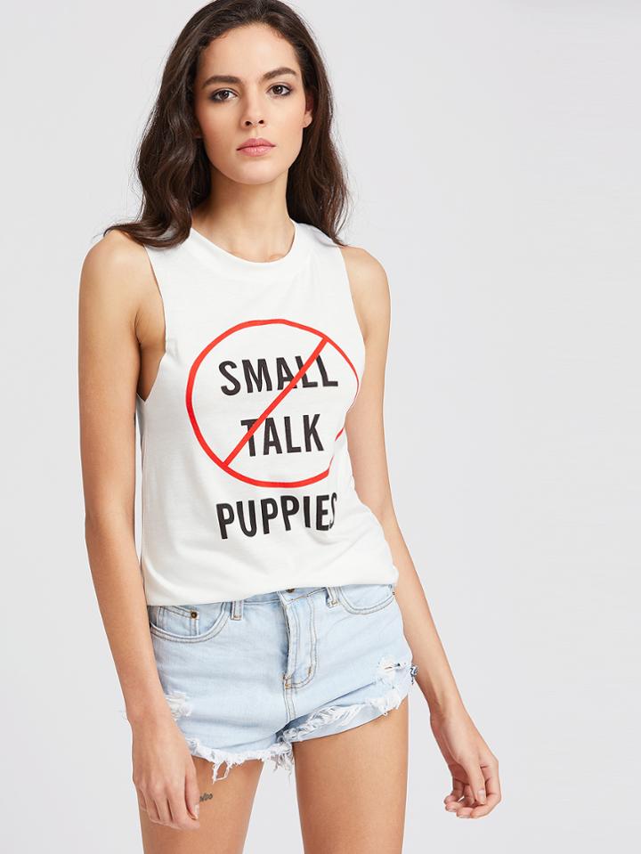 Romwe White Slogan Print Tank Top
