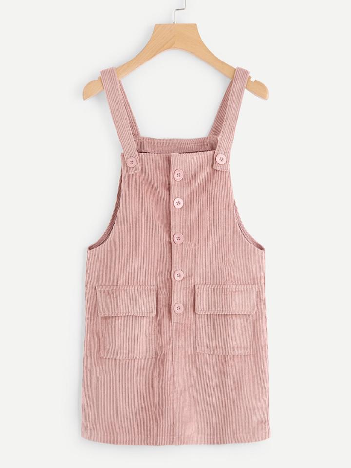 Romwe Dual Pocket Single Breasted Corduroy Pinafore Dress