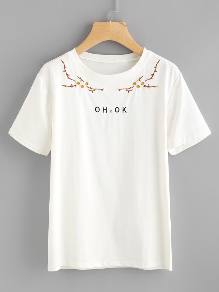 Romwe Plum Blossom And Letter Embroidered Tee