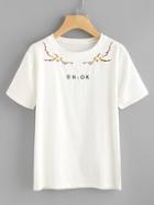 Romwe Plum Blossom And Letter Embroidered Tee
