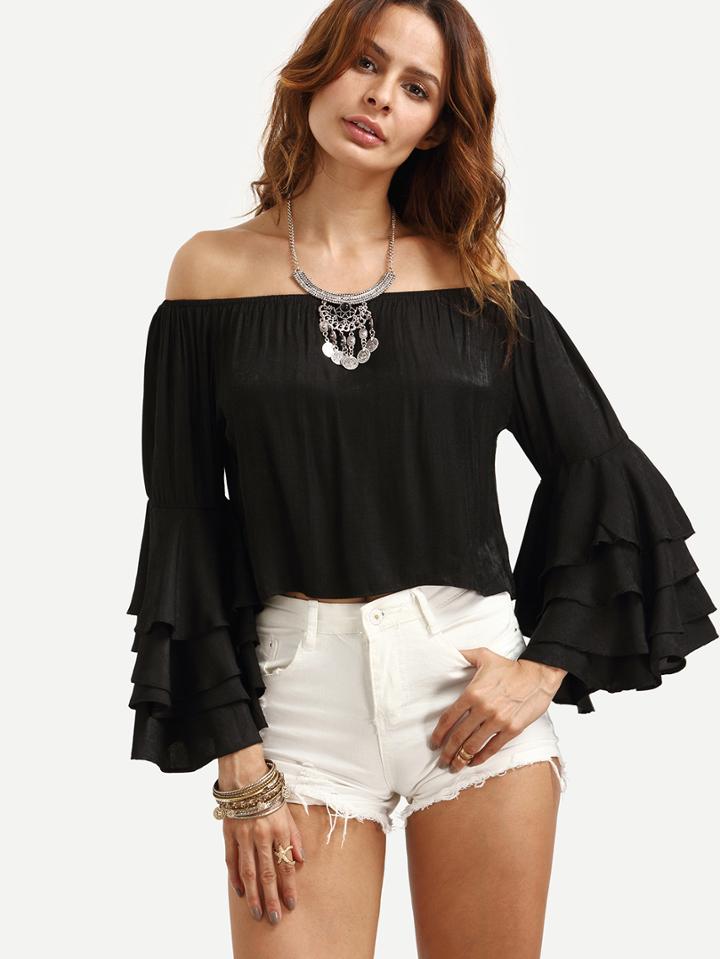 Romwe Black Off The Shoulder Bell Sleeve Ruffle Top