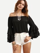 Romwe Black Off The Shoulder Bell Sleeve Ruffle Top