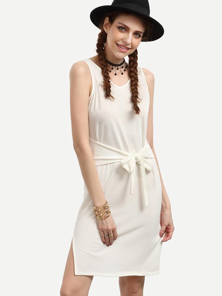 Romwe White Tie Waist Slit Dress