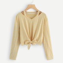 Romwe Cutout Neck Bow Detail Striped Tee