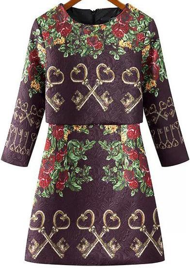 Romwe Key Print A-line Coffee Dress