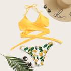Romwe Wrap Halter Top With Random Lemon Print Bikini