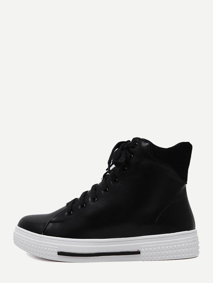 Romwe Black Faux Leather Lace Up High Top Sneakers