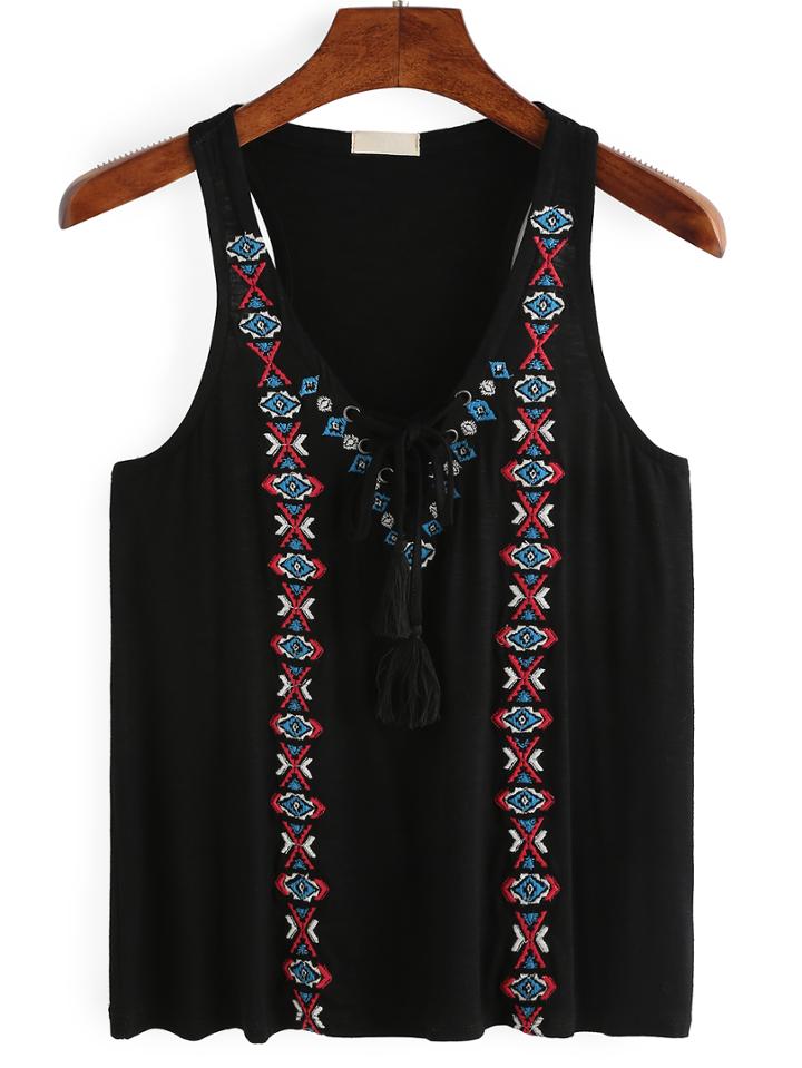 Romwe Embroidery Tassel Lace-up Neck Tank Top