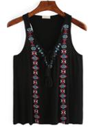 Romwe Embroidery Tassel Lace-up Neck Tank Top