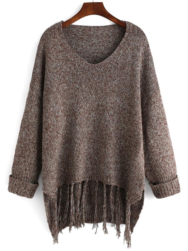 Romwe V Neck Fringe Loose Coffee Sweater