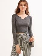 Romwe Grey Notch Neck Crop Knit T-shirt