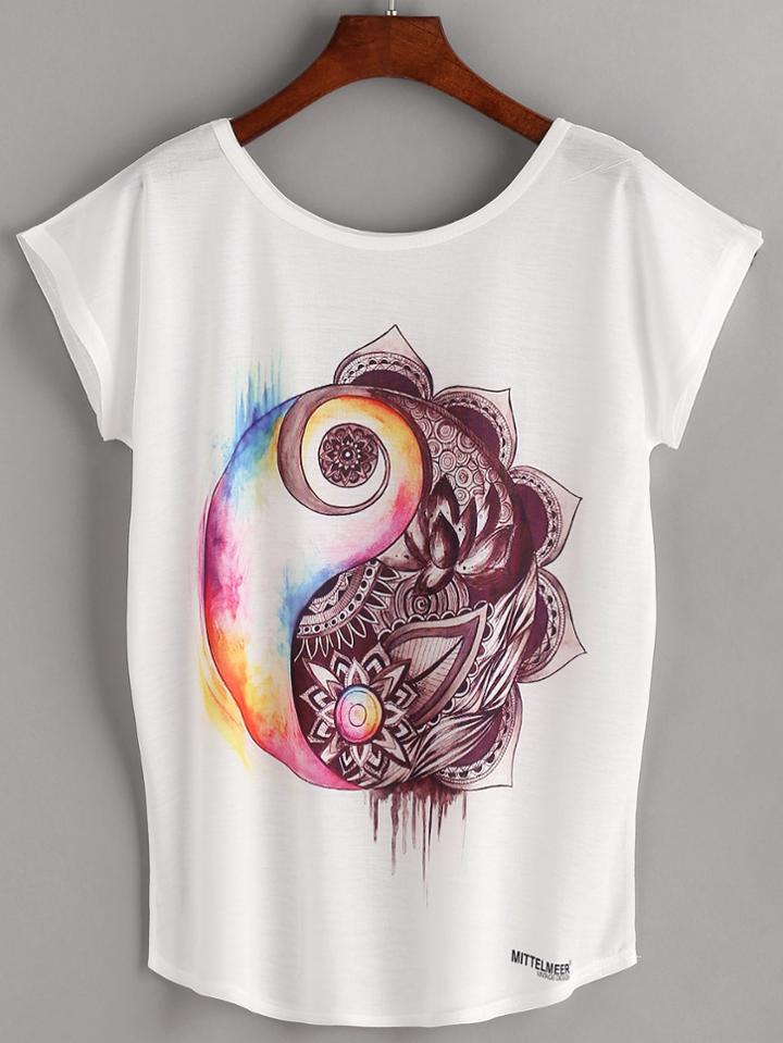 Romwe White Ink Painting Print Dolman Sleeve T-shirt