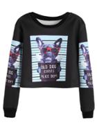 Romwe Black Dog Print Crop Sweatshirt