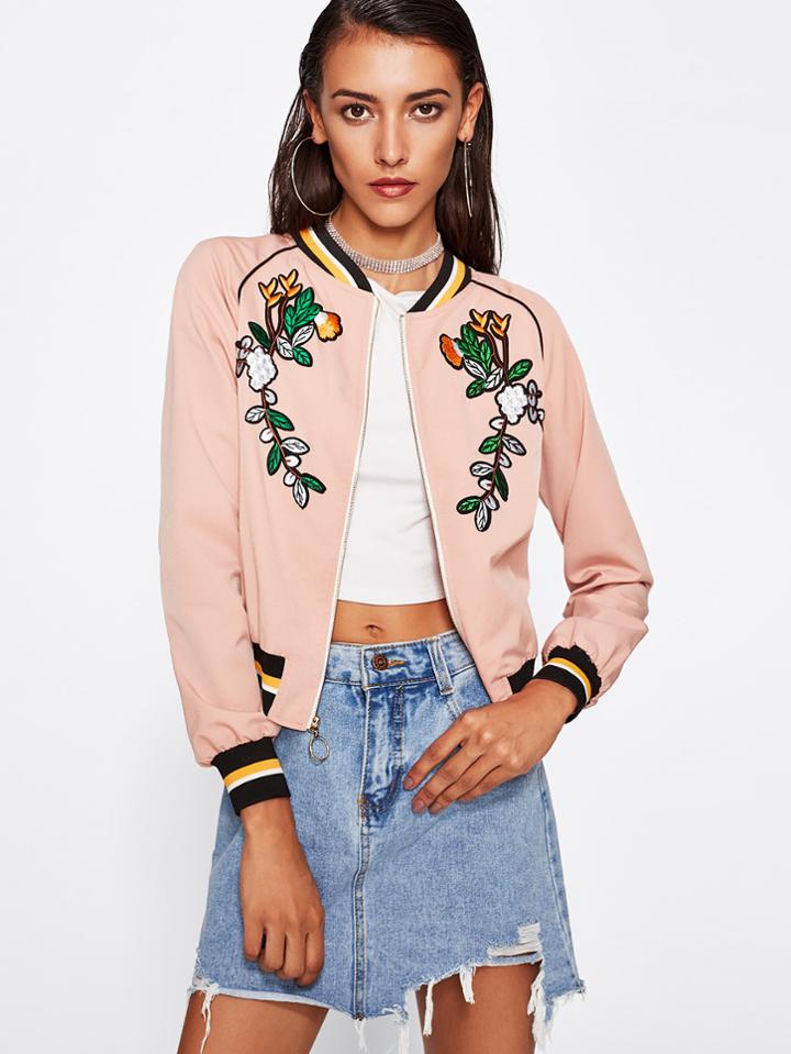 Romwe Botanical Embroidery Striped Trim Bomber Jacket