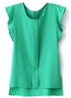 Romwe Green Puff Sleeve Split Chiffon Blouse