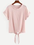 Romwe Pink Contrast Hollow Out Knotted Cuffed Shirt