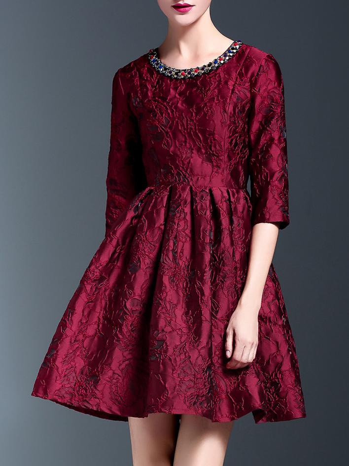 Romwe Red Beading Disc Flowers A-line Dress