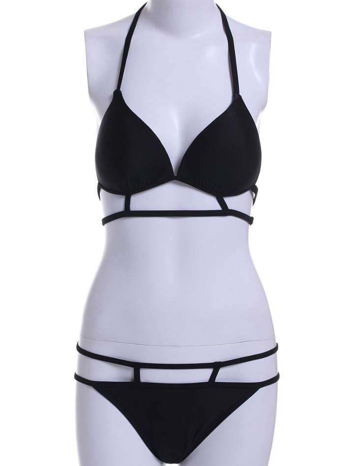 Romwe Black Halter Hollow Sexy Bikini Set