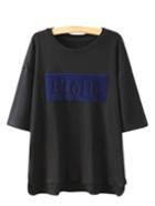 Romwe Black Short Sleeve Dip Hem Letter Patch T-shirt