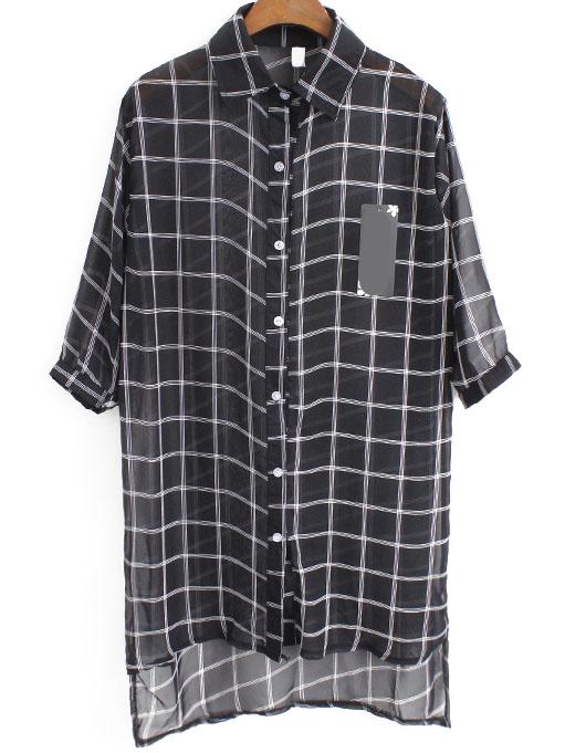 Romwe Lapel Dip Hem Plaid Split Chiffon Black Blouse