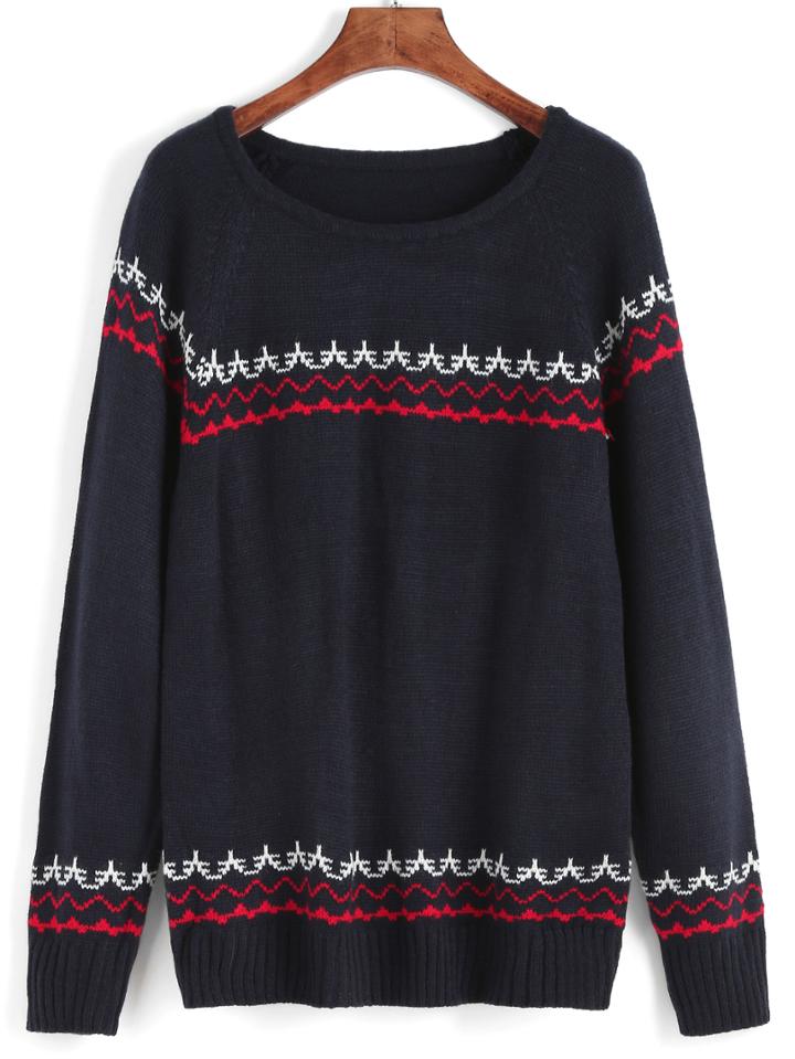 Romwe Round Neck Jacquard Navy Sweater