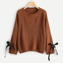 Romwe Bow Tied Cuff Solid Sweater
